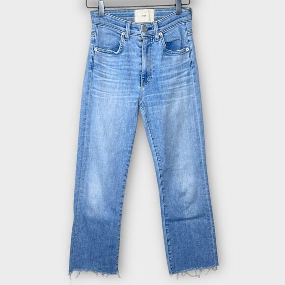 CQY Denim High Waisted Frayed Hem Straight Leg Crop Jeans Size 24 Light Wash - Picture 2 of 8